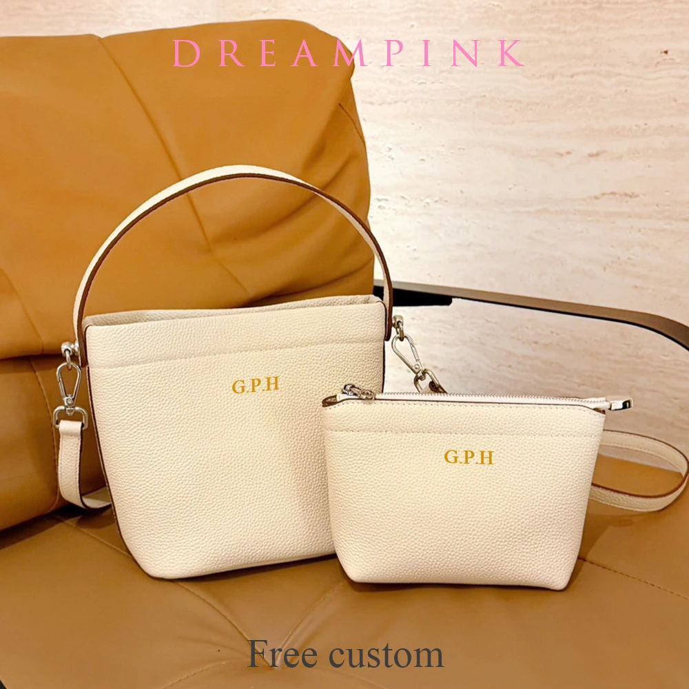 Fashion Genuine Leather Women Bucket Bag Custom Name Luxury Top Handle Crossbody Messenger Handbag With Pouch Female Small Hobo