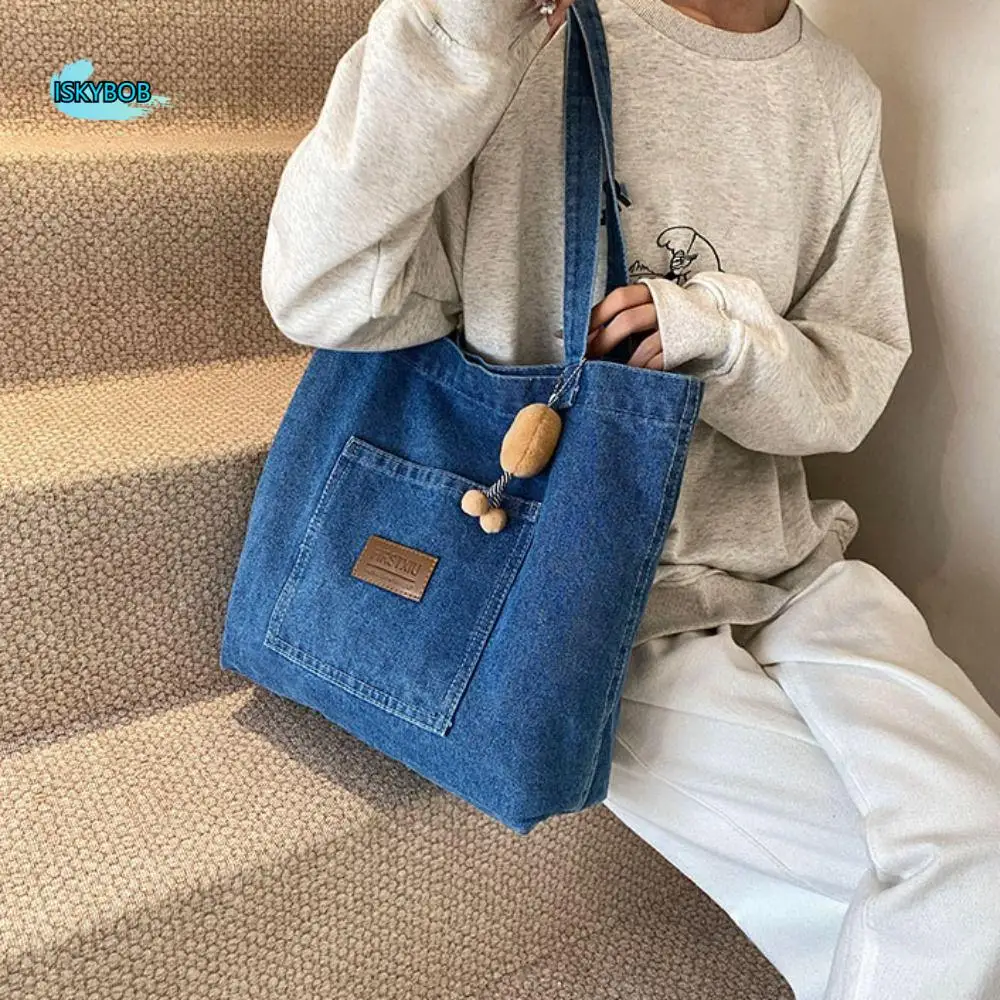 

School Bag Retro Denim Shoulder Bag Large Capacity Korean Style Cowboy Underarm bag Handbag Leisure Tote Bag Outdoor
