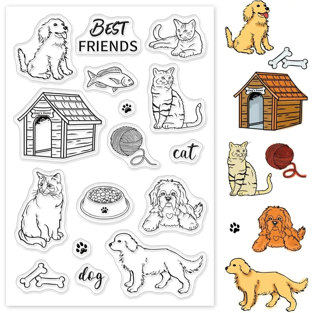 GLOBLELAND Cats and Dogs Clear Stamps for Card Making DIY Scrapbooking Photo Album Decoration Paper Craft,6.3x4.3Inches