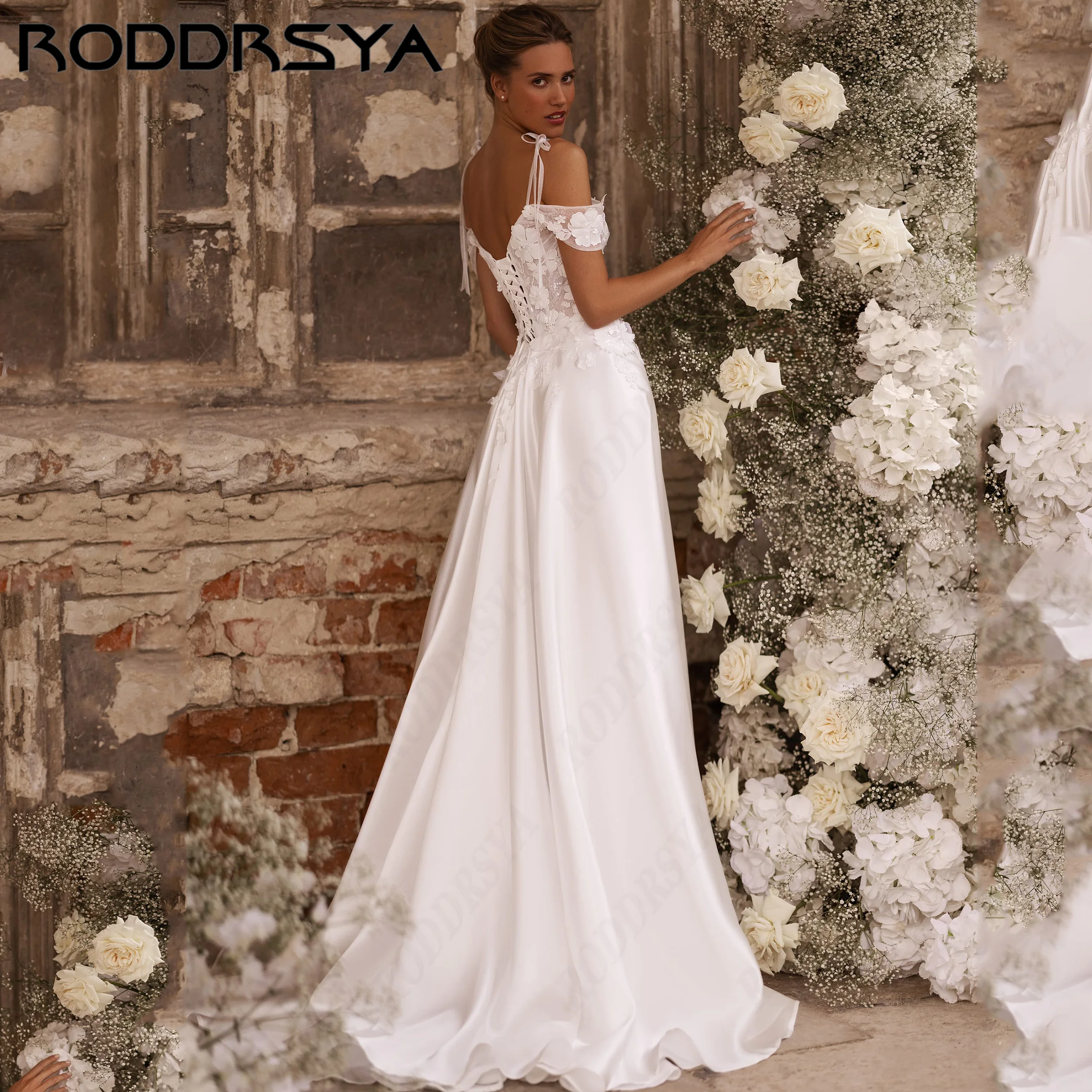 RODDRSYA Classic A-Line Satin Wedding Dresses V-Neck Appliques Customized Bridal Gown Court Train Featuring Lace Bride Dress