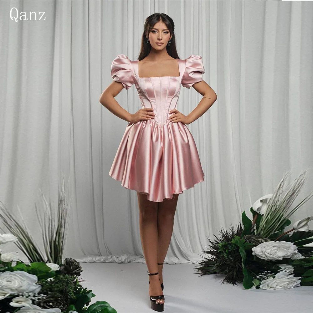 

Qanz Simple Pink Short Homecoming Dresses Puff Sleeves Satin Cocktail Dresses Above Kneen A Line Corset Back Club Party Night