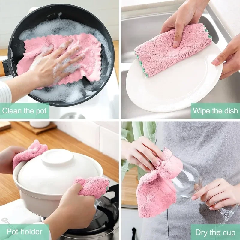 Super Absorbent Microfiber Towel Kitchen Cleaning Cloth Non-stick Oil Dishcloths Double Layer Washing Cloths Rags Scouring Pads