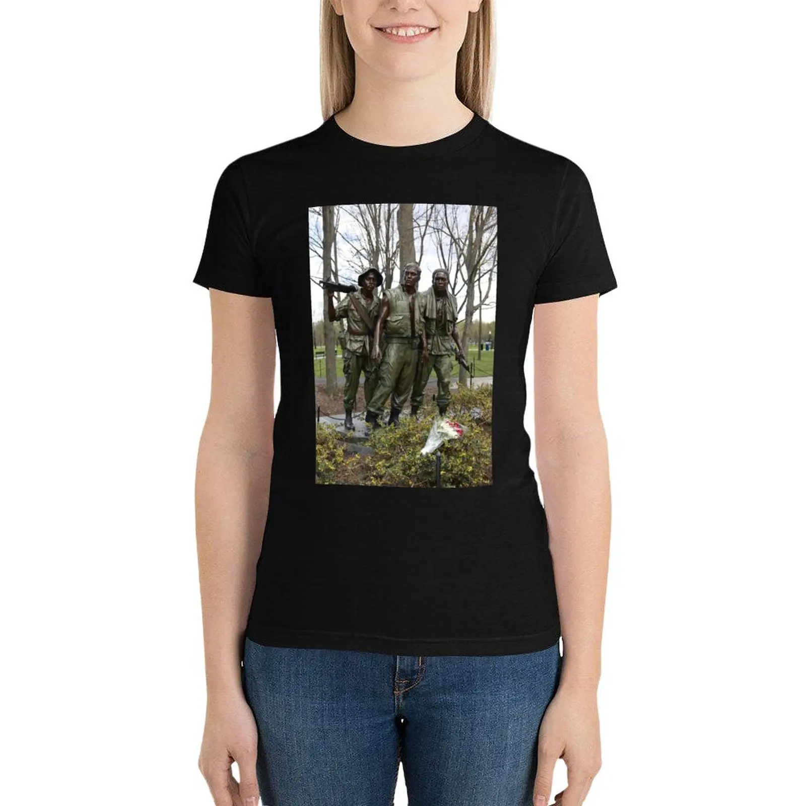 

Three Men Soldier Statue w/ flowers T-Shirt Blouse funny Women's summer blouses 2024