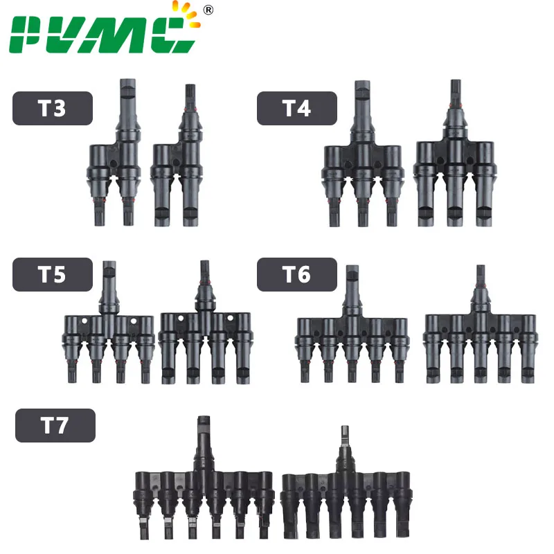 1 Pair T3/T4/T5/T6/T7 Branch Type PV Solar Panel Cable Connectors 50A 1000V Electrical Solar Panel Wire Connectors Local circuit