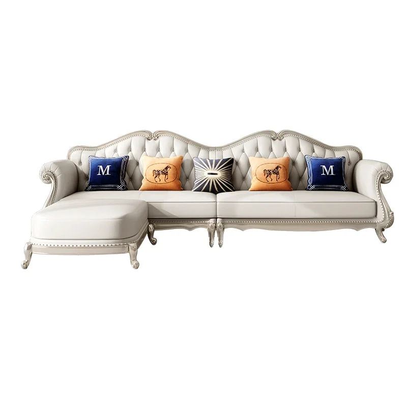 

Light luxury leather sofa corner solid wood sofa small apartment villa furniture European sofa combination living room