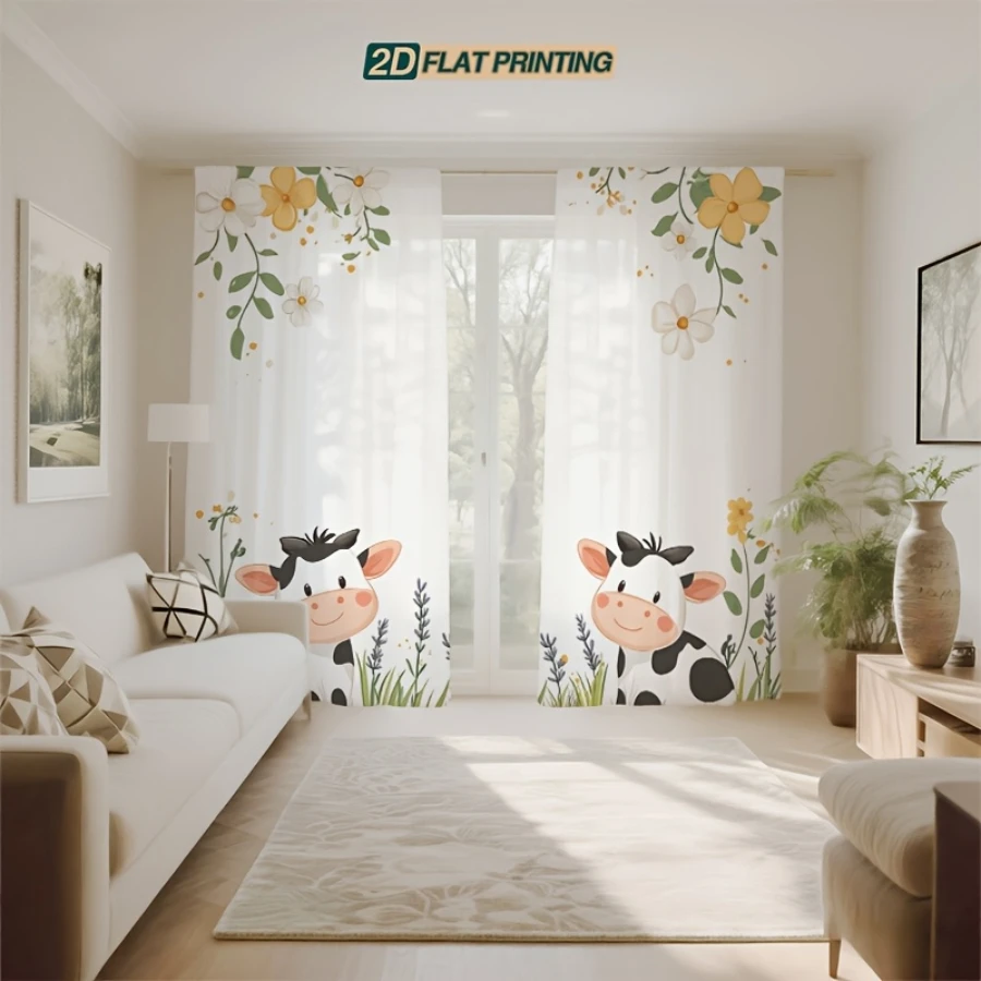 2PCS Digital Print Sheer Curtains, Flower Field Cow Pattern, Cute Cartoon Farm Style for Kids Bedroom Nursery Window Decor