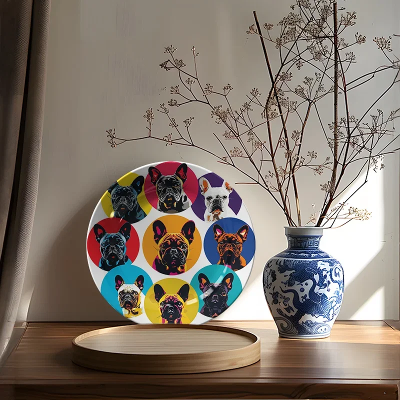 1pc Charming French Bulldog Ceramic Wall Art Plate - Round Decorative Plaque with 8 Adorable Dog Portraits, Non-Food Contact,
