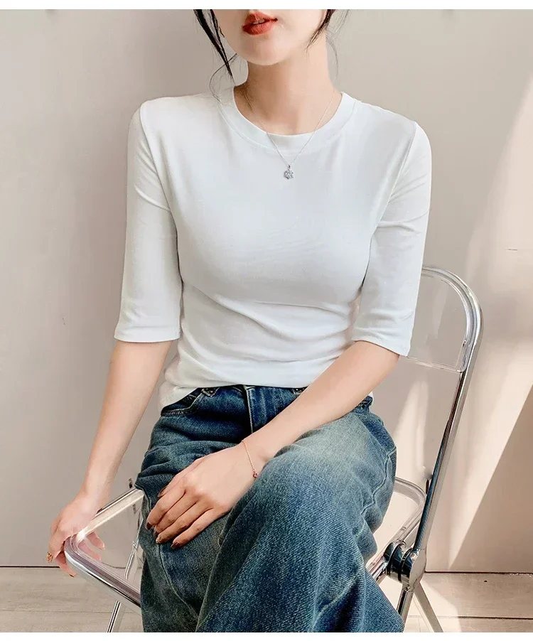 2026 Basic Einfarbiges Kurzarm-T-Shirt mit Rundhalsausschnitt, Eng Anliegend, Sommerliches Casual-Oberteil für Damen, Y2K Vintage Top, Harajuku Streetwear – Detail 5