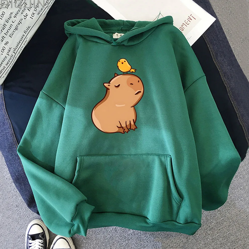 Capybara with His Bird Friend Hoodies Women Kawaii Animal Cartoon Graphic Sweatshirt Boys/girls Long Sleeve Mens Top Y2k Clothes