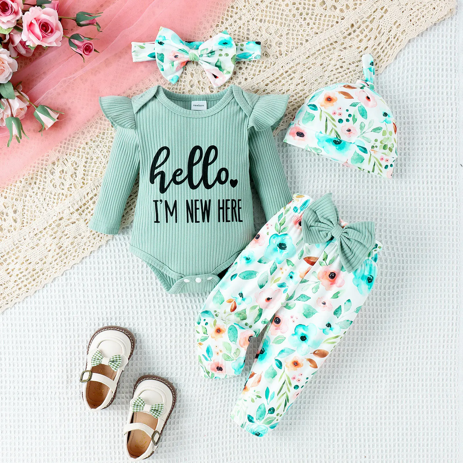 Newborn Baby Girls Autumn Spring Casual Cute Outfit Long Sleeve Romper with Pants Hat Headband for Baptism Party Photography image 2