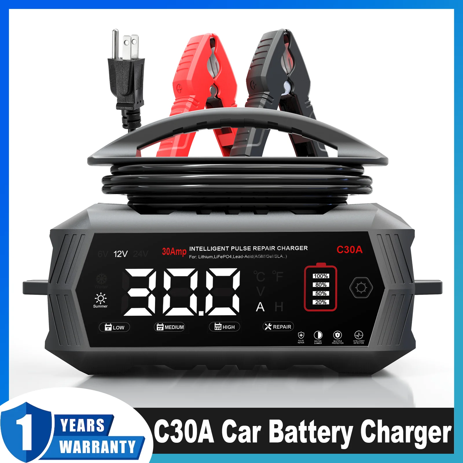 Cargador de Batería Inteligente Rápido HTRC 30A para Coche 6V 12V 24V Moto, Reparación por Pulsos de 9 Etapas, Mantenedor para Baterías LiFePO4, Plomo, AGM, WET, RV, 1 Año de Garantía