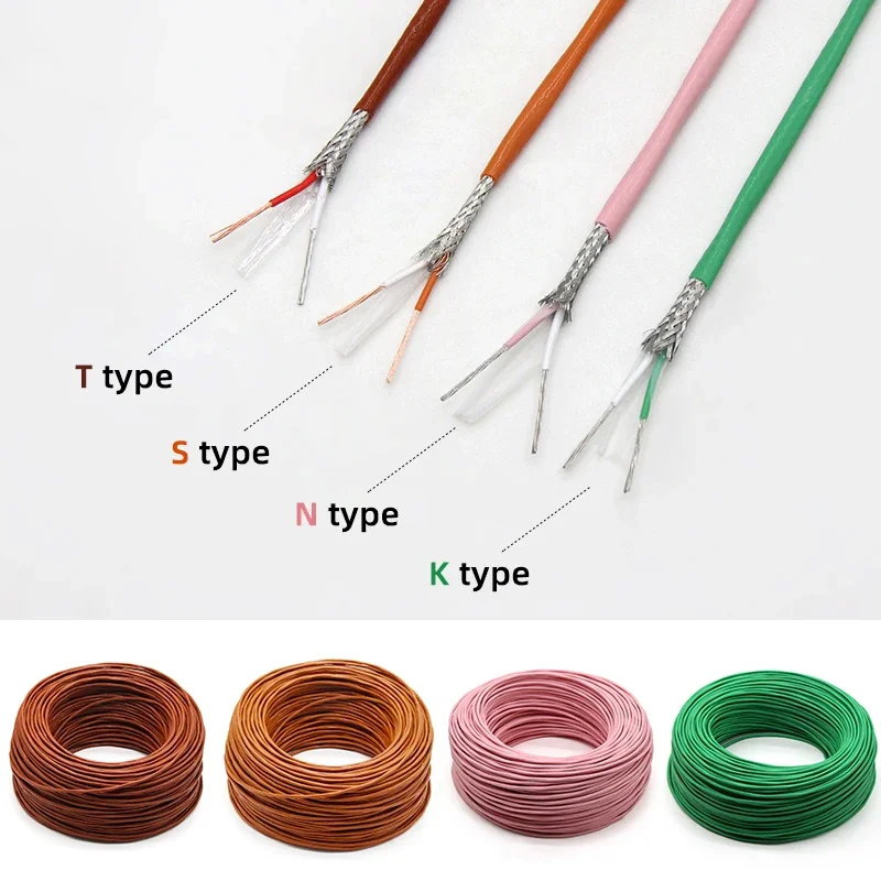 1/5/10M K T N S Type Thermocouple Wire 2 Cores PTFE Insulator Shielded Line High Temperature Measuring Compensation Cable