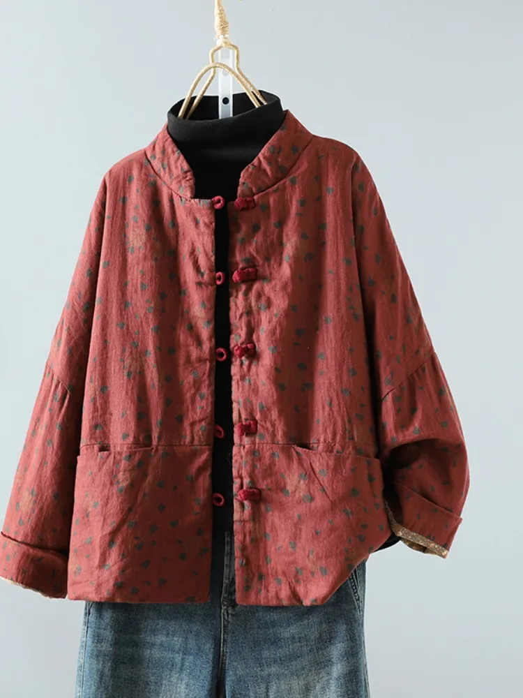 

Хлопковая одежда с китайским воротником-стойкой, женское зимнее теплое хлопковое пальто с цветочным принтом на пуговицах, свободная посадка