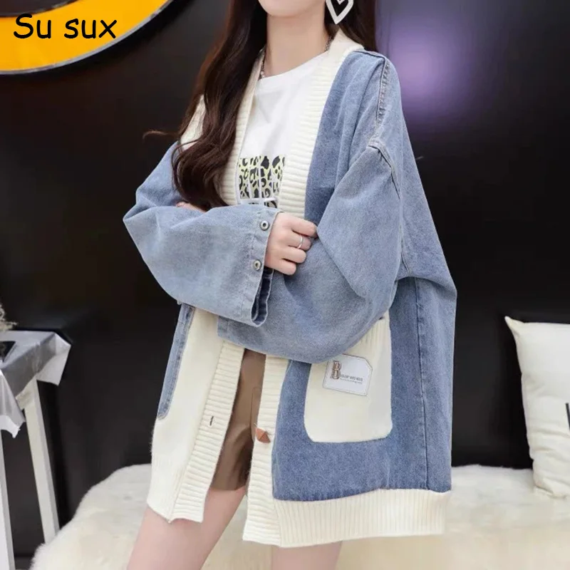 

Джинсовый лоскутный свитер, куртка большого размера, пальто, женский японский корейский модный кардиган с v-образным вырезом, джинсовая куртка, Vestidos, верхняя одежда