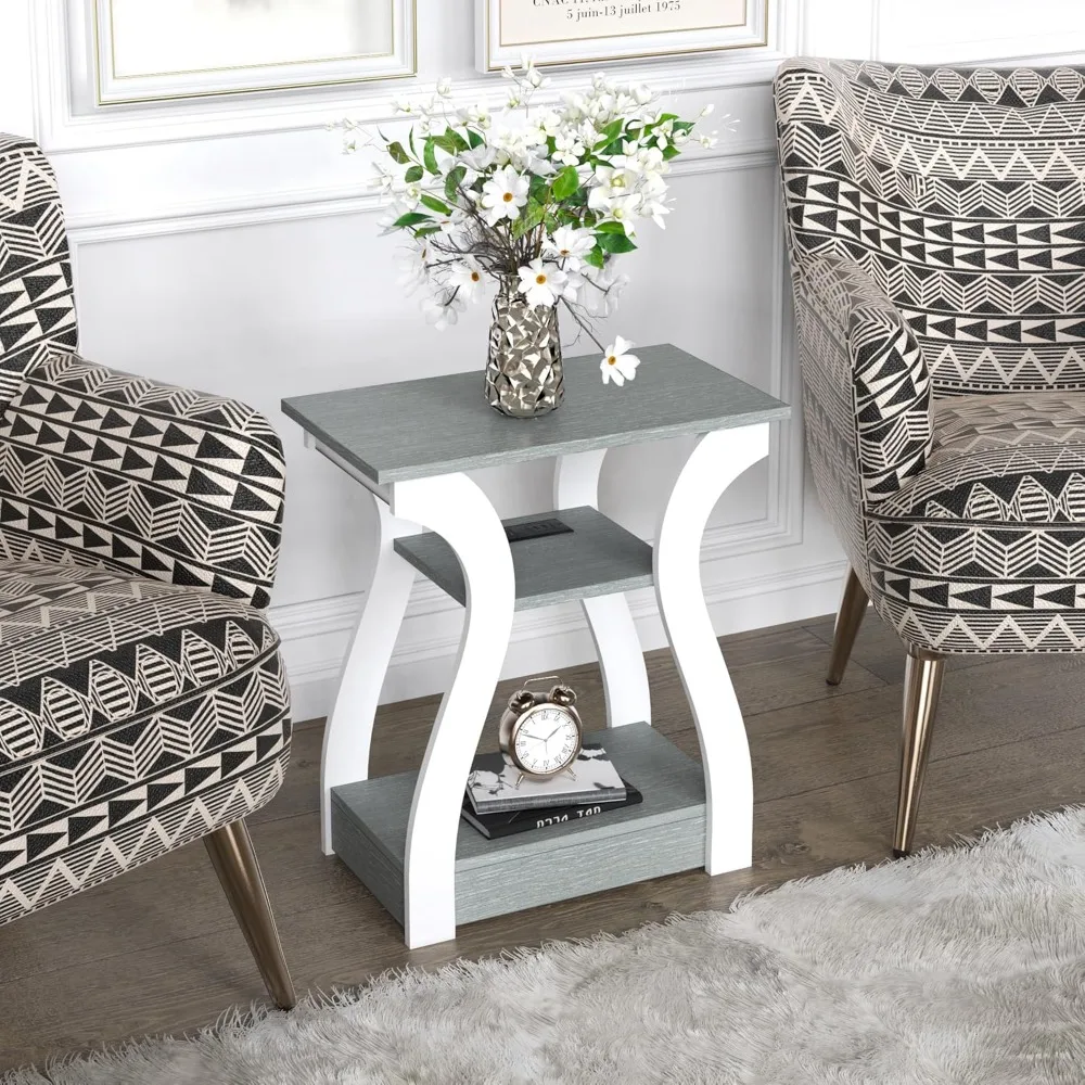 

End Table with Charging Station, Side Table with USB Ports and Outlets, 3 Tier Nightstand Sofa Table for Small Spaces