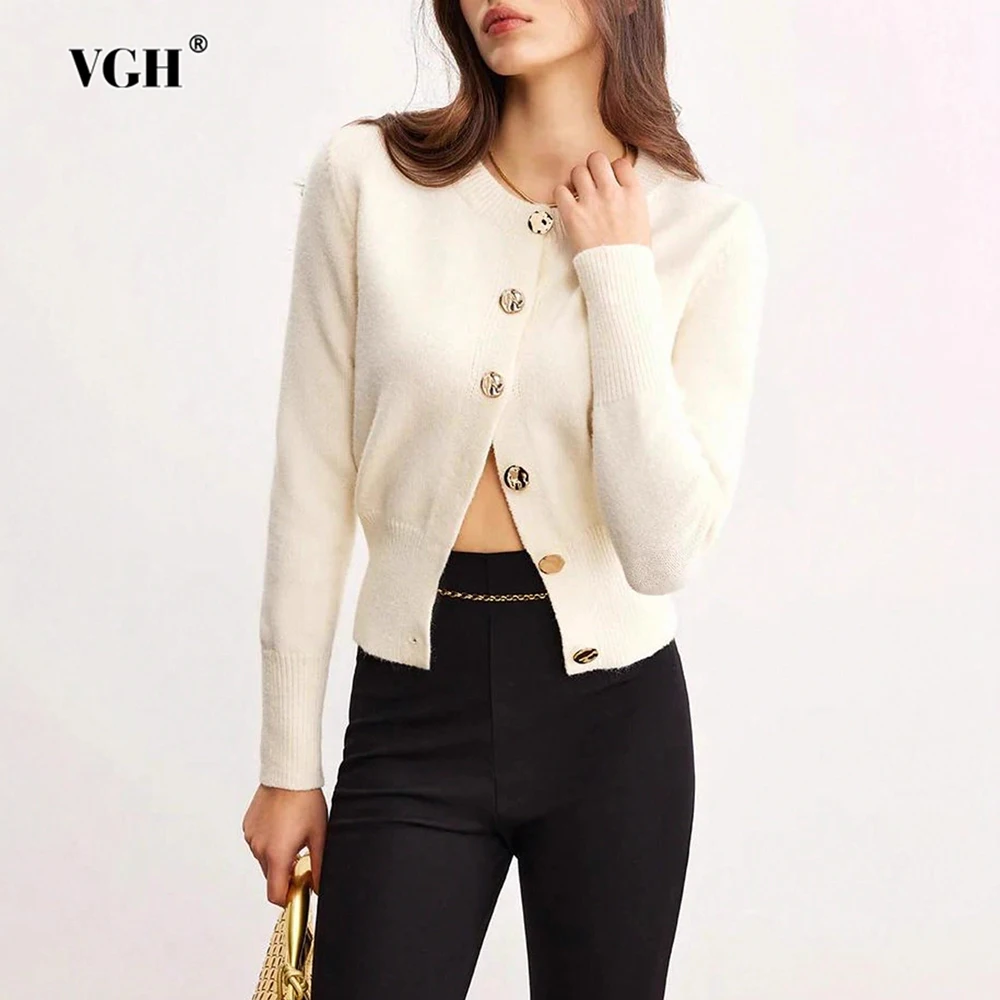 

VGH однотонный повседневный утягивающий вязаный кардиган для женщин с круглым вырезом и длинными рукавами на пуговицах, осенний теплый шикарный свитер, женский новый