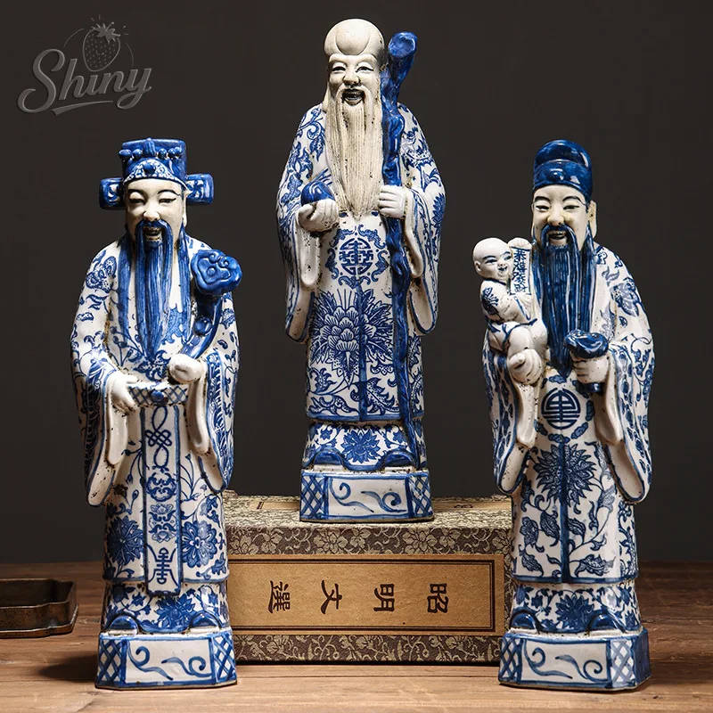 

Antique Jingdezhen Ceramics Fuk Luk Shou Three-star Ceramic Ornaments Living Room Desktop Decorative Figure Ornaments
