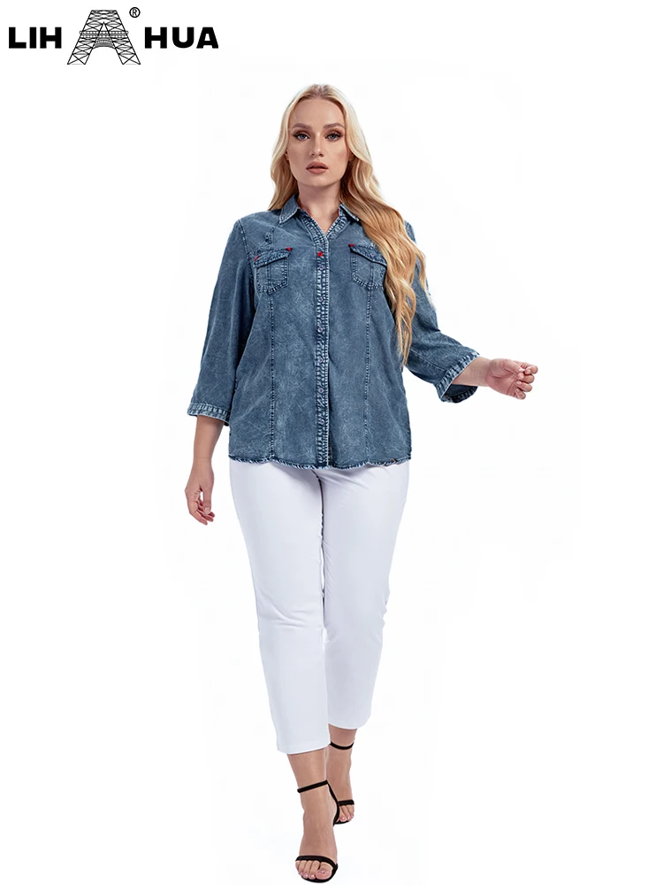 LIH HUA Women\'s Plus Size Denim Shirt Spring Fashion Elegant Shirt For Chubby Women\'s Woven Cotton Shirt