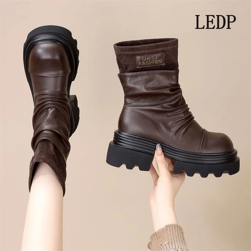 LEDP Brand Increase Fashion Boots Women Small 2024 Thick Sole New British Wind Pile Boots Autumn Ankle Boots Set Feet