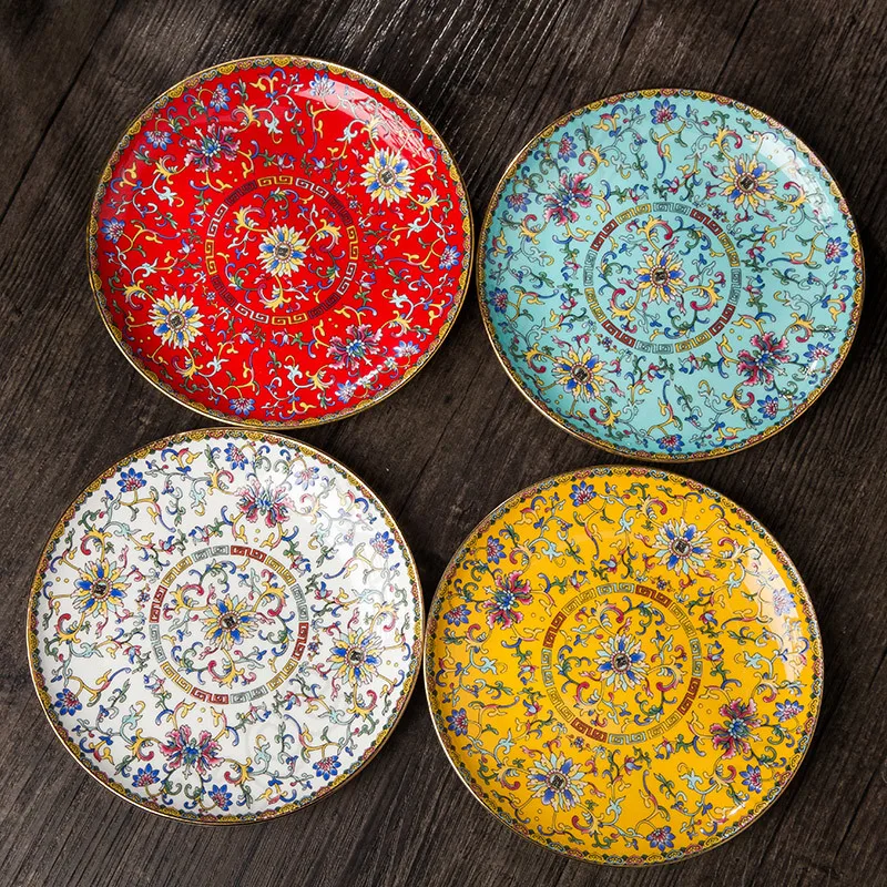 Chinese Enamel Color Ceramic Plate Handmade Gold Stroke Tableware Home Pasta Dinner Plates Restaurant Serving Tray Kitchen Items