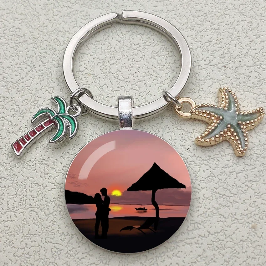 Starfish coconut keychain Beach keychain Seaside sunset keyring Personality Jewelry Gift Key Holder for New Home