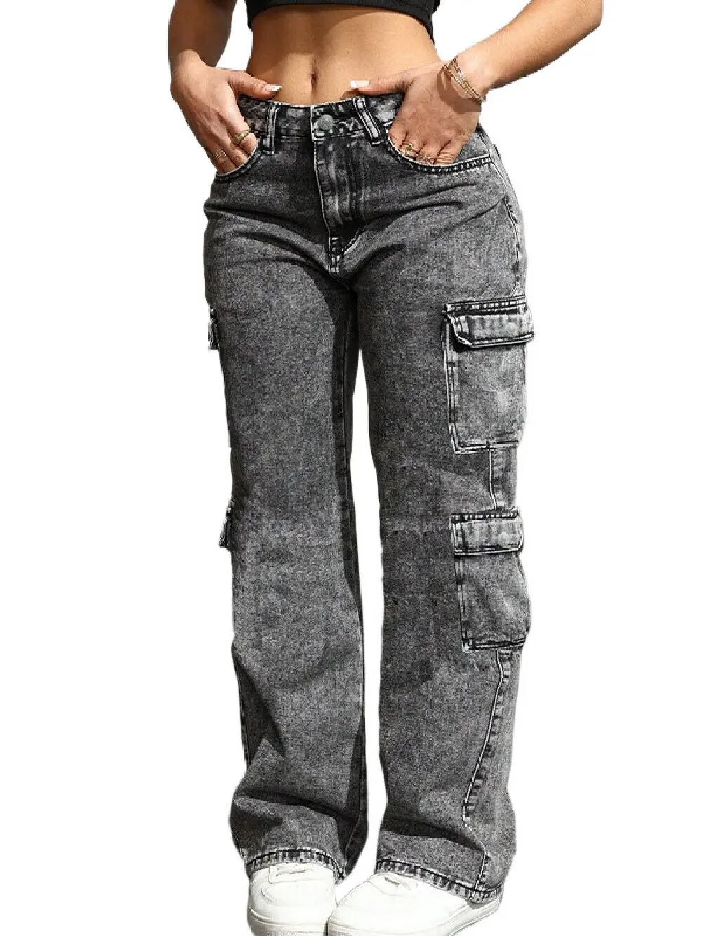 Washed Irregular Jeans Women's Multi Pocket Versatile Cargo Pants Fashionable Mid Waist Youth High Street Straight Leg Pants