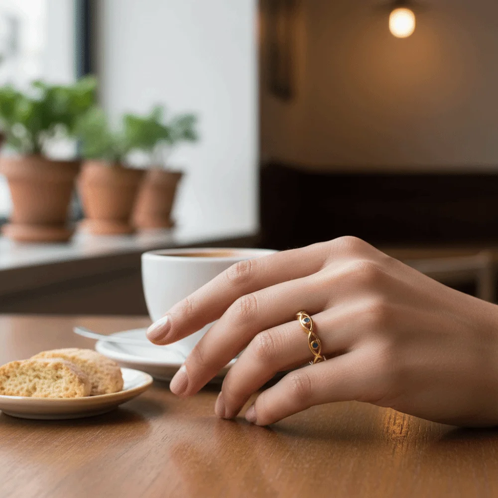 Anillo Abierto Único con Ojo de Demonio Dorado, Anillo Turco Moderno para el Dedo Índice, Anillo Ajustable para Boda, Anillo de Circonita Azul para Mujer