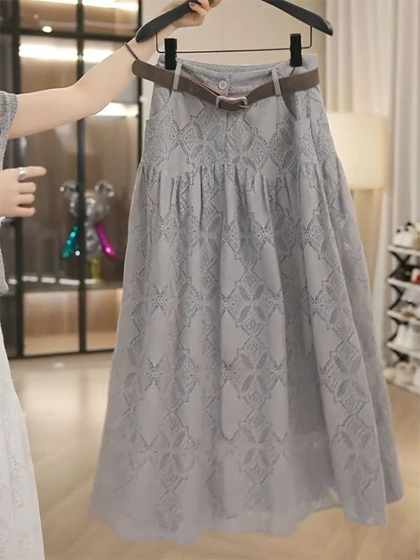 Retro Lace Hollow out A-Line Skirt Women's High Waist Midi Skirt Casual Wear Polyester Fiber Zipper Closure Summer 2025