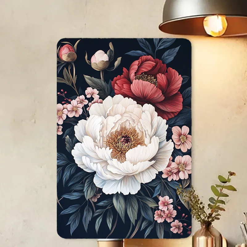 

Vintage Metal Wall Art - 8x12in Peony Flower Design with Pink Buds & Green Leaves - Ideal Decor for Home, Bar, Cafe & Garage