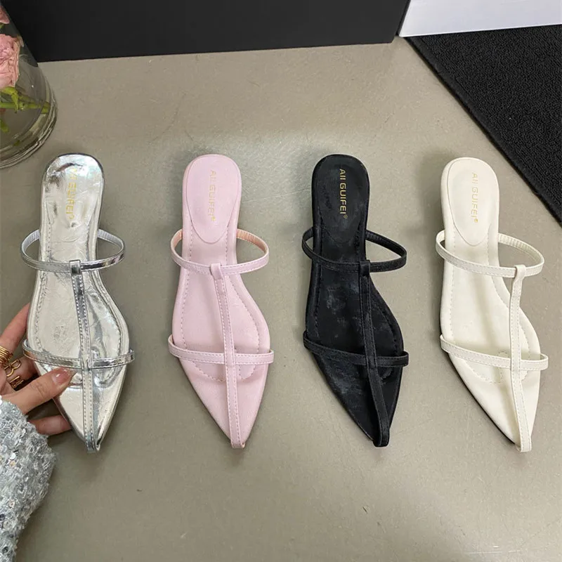 

Bailamos Female Pointed Toe Slippers Fashion T-Strap Women Wedges Heeled Sandals Shoes Footwear Ladies Low Heel Sandals Shoes Mu