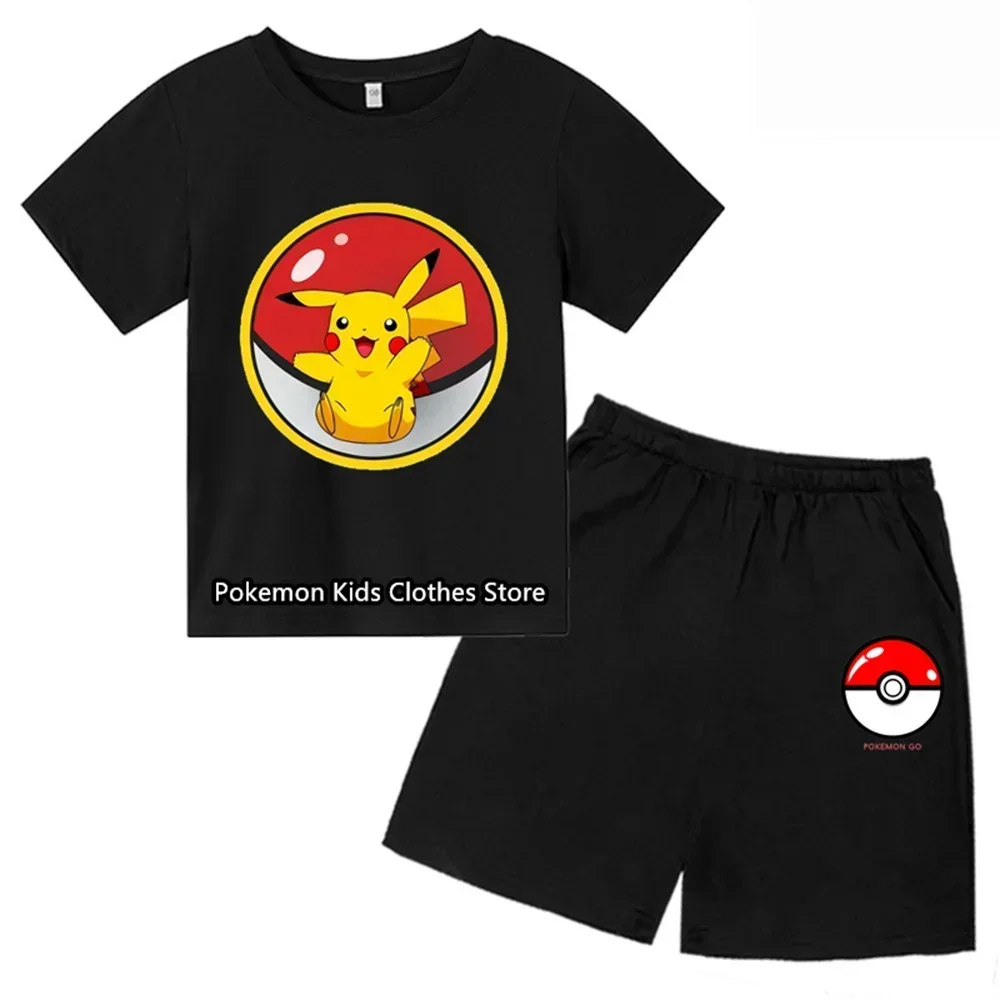 Summer Fashion Cartoon Animal Print kids pokemon T-shirt Set Boys' Clothing Leisure Cotton Pikachu Short Sleeve