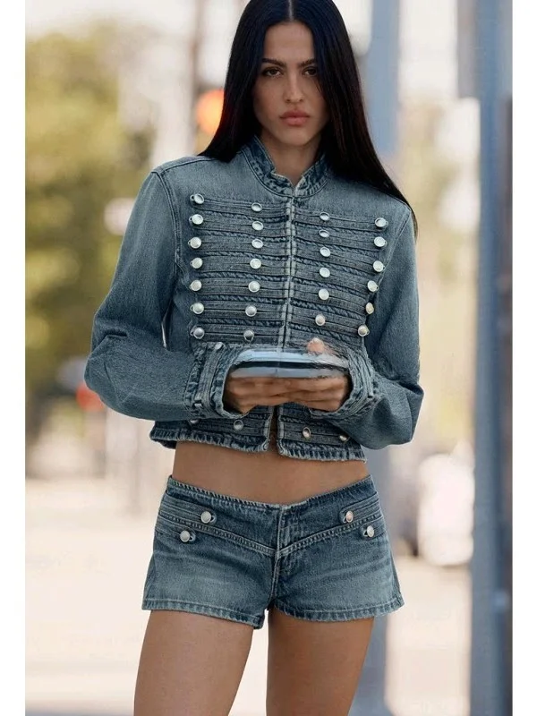 

Casual Low Waist Low Rise Long Sleeve Denim Jacket And Shorts Set round Neck Metal Hook And Eye Closure Spring Fashion Women'...