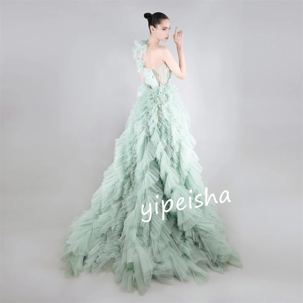 Customized Tulle Pleat Birthday A-line One-shoulder Bespoke Occasion Gown Long Dresses