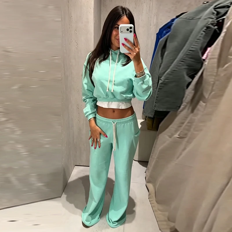 Damen Crop-Hoodie-Sweatset-Outfit, Langarm-Kapuzenpullover mit Kordelzug, Weitbeinige Jogginghose, Trainingsanzug, Lässige Streetwear – Detail 26