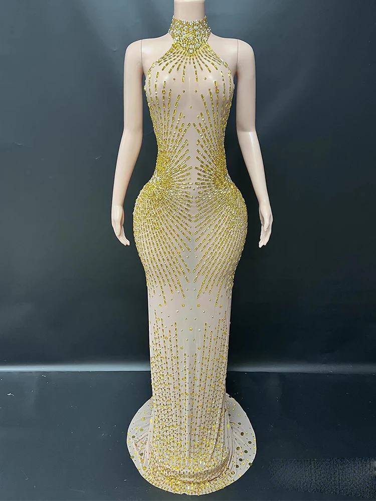 고품질 라인스톤 섹시한 홀터넥 백리스 탄성 드레스 2025 신상 맞춤 여성 의류