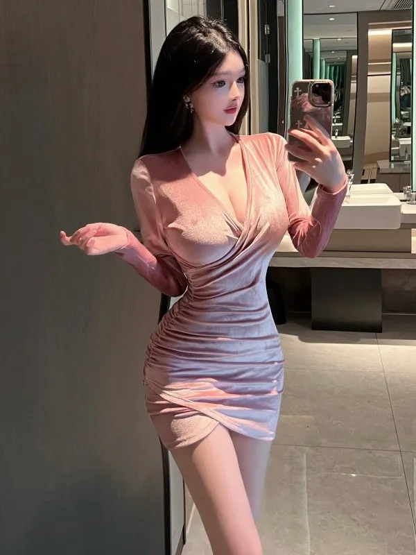 

Velvet Pink Long Sleeved V-neck Low Cut Sexy Spicy Girl Pleated Short Dress Elegant Slim Women Autumn Tops Fashion Korean S019