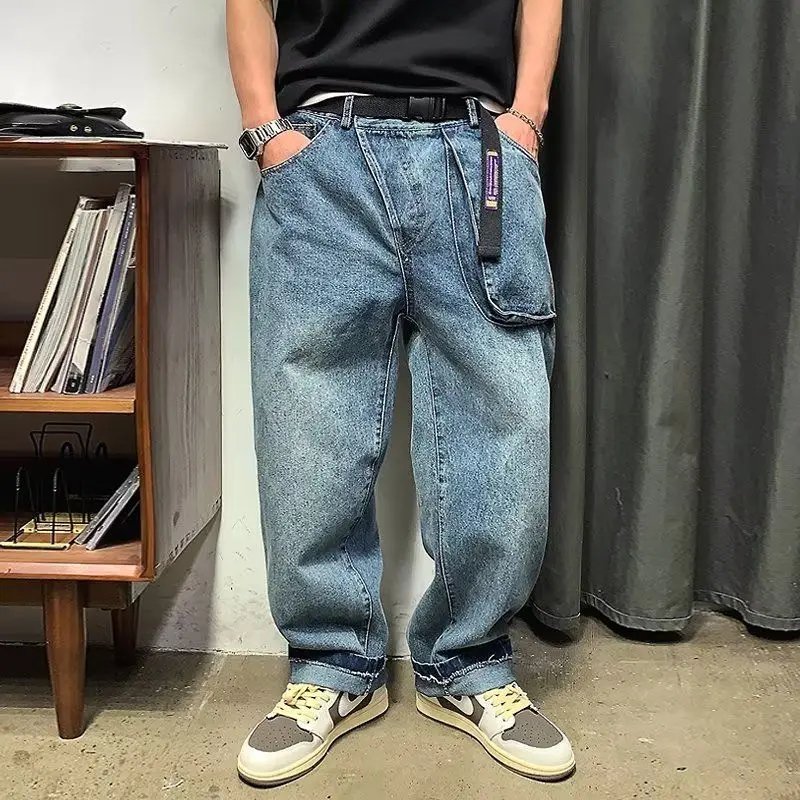 Men's Large Pocket Design Blue Jeans Cool Boy Street Bottoms Casual Pants Fashion Wide Leg Trousers Male Sweatpants