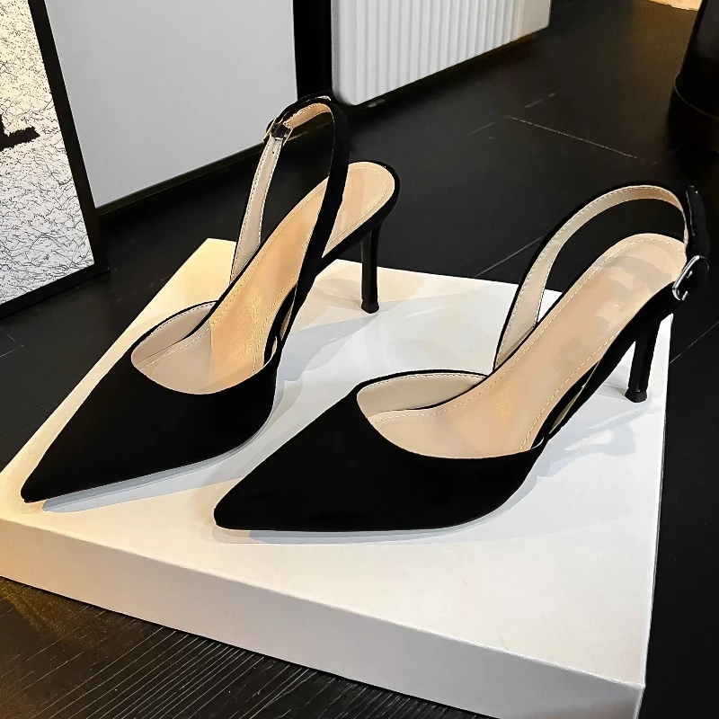 New Four Seasons Women\'s High Heels Stiletto Pointed Toe Closed Toe Sling Back Fashion Suede One-strap Sling Back Sandals