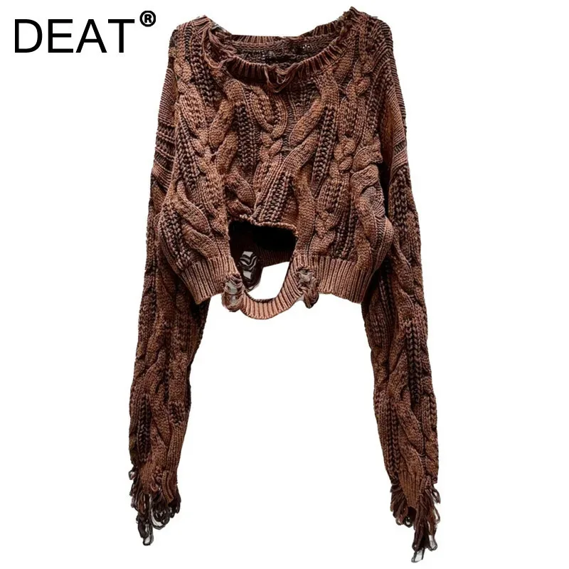 DEAT Women's Pullover Brown Broken Holes Loose Hollow Out Brown Twist Knitted Design O-neck Sweaters 2025 New Fashion 11XX6062