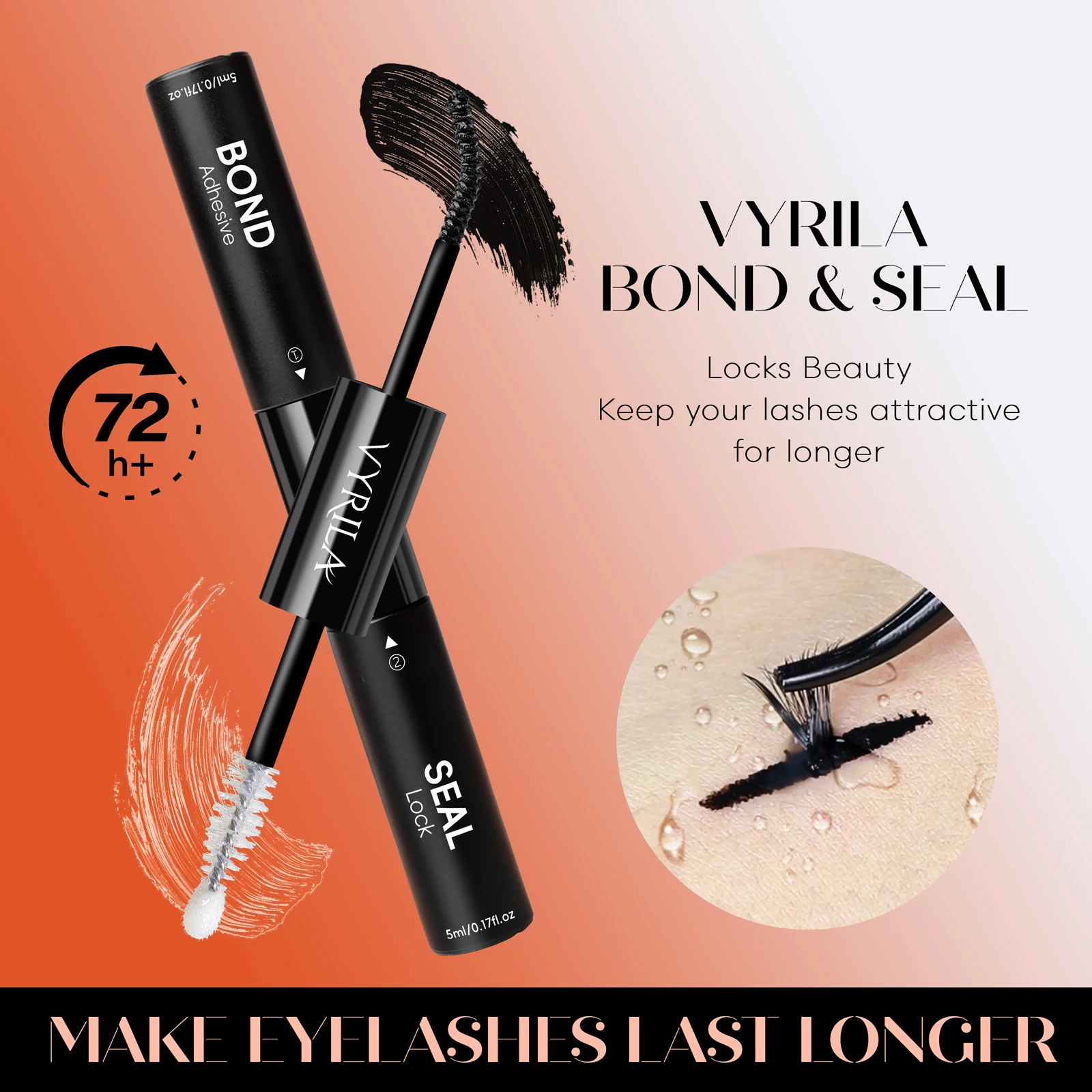 VYRILA Lash Bond and Seal 10ML Lash Clusters Long Lasting Lash Glue Waterproof for Individual Cluster Lashes Glue Latex Free