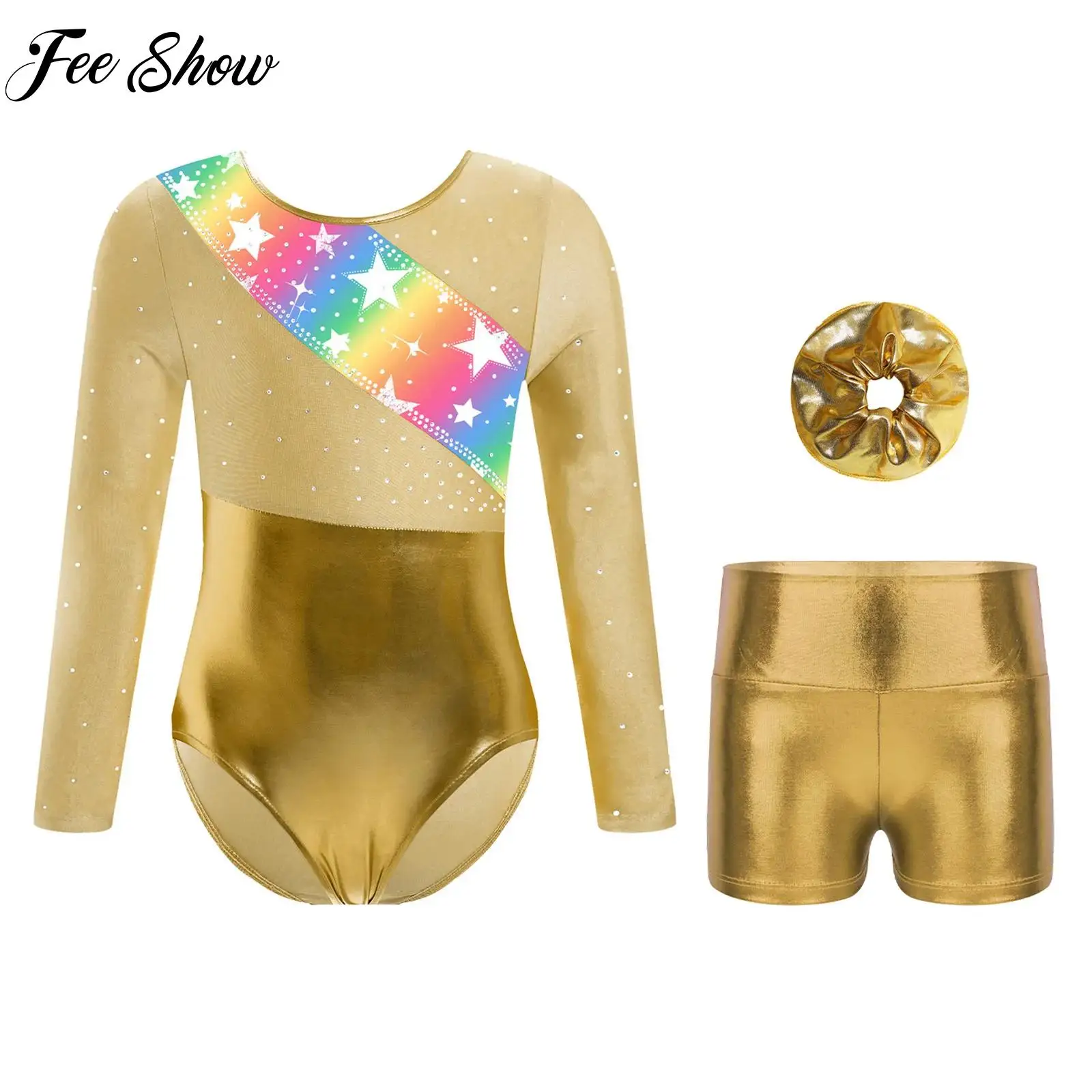 Children Girls Ballet Dance Gymnastics Outfit Long Sleeve Metallic Leotard Short Hair Band Swimming Fashion Costume Sport Set