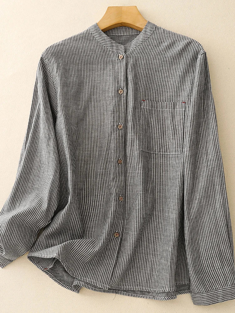 

Женский льняной топ в тонкую полоску в стиле ретро в японском стиле, повседневный льняной топ с воротником-стойкой, весна 202, мода для поездок на работу