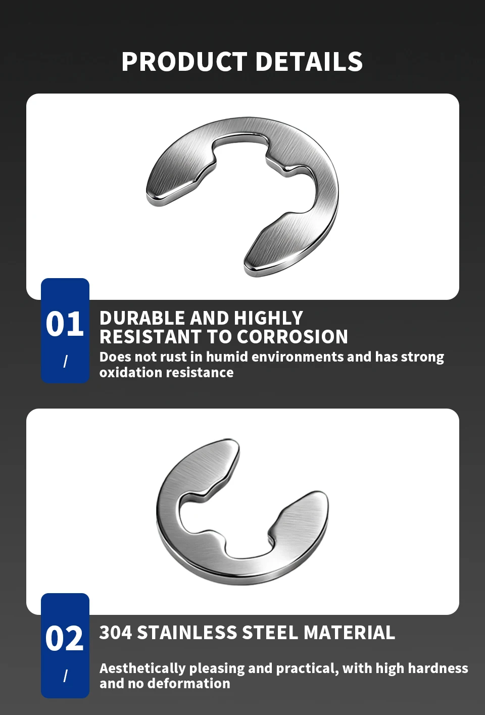 304 Edelstahl E-Ring-Unterlegscheiben GB896 DIN6799 E-Clips Wellensicherungsringe Sicherungsringe Befestigungselemente Sortiment M1.5-M15 – Detail 4
