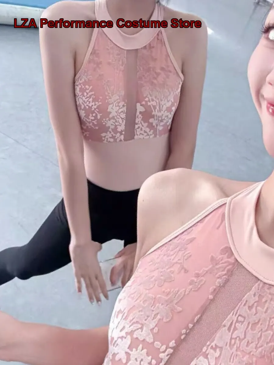 children's-girls'-dance-dress-flocked-halter-neck-gymnastics-elastic-body-suit-for-chinese-dance-kids