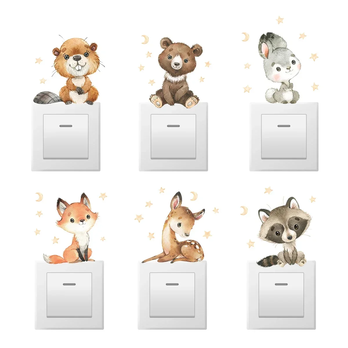 6pcs  Cartoon Fox Squirrel Rabbit Animal Switch Wall Stickers for Kids Room Bedroom Nursery Home Decoartion Wall Decals