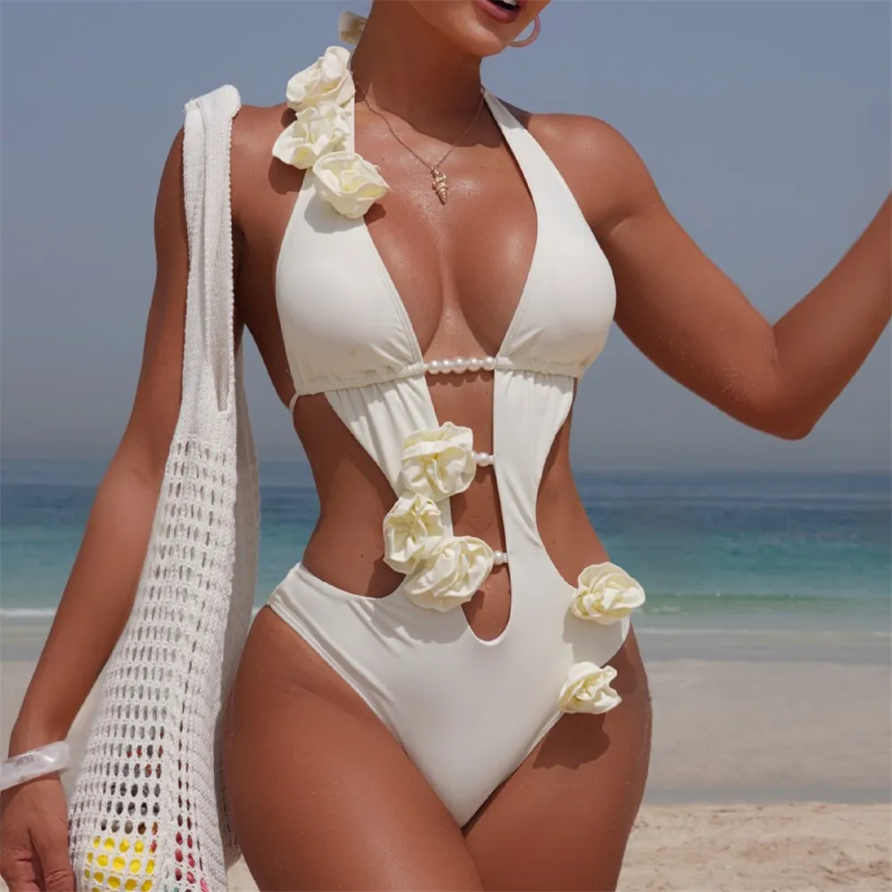 

Solid White 3D Flower Backless Swimwear Sexy One Piece Swimsuit Woman 2025 Hollow Cut Out Monokini Pearl String Bathing Suit
