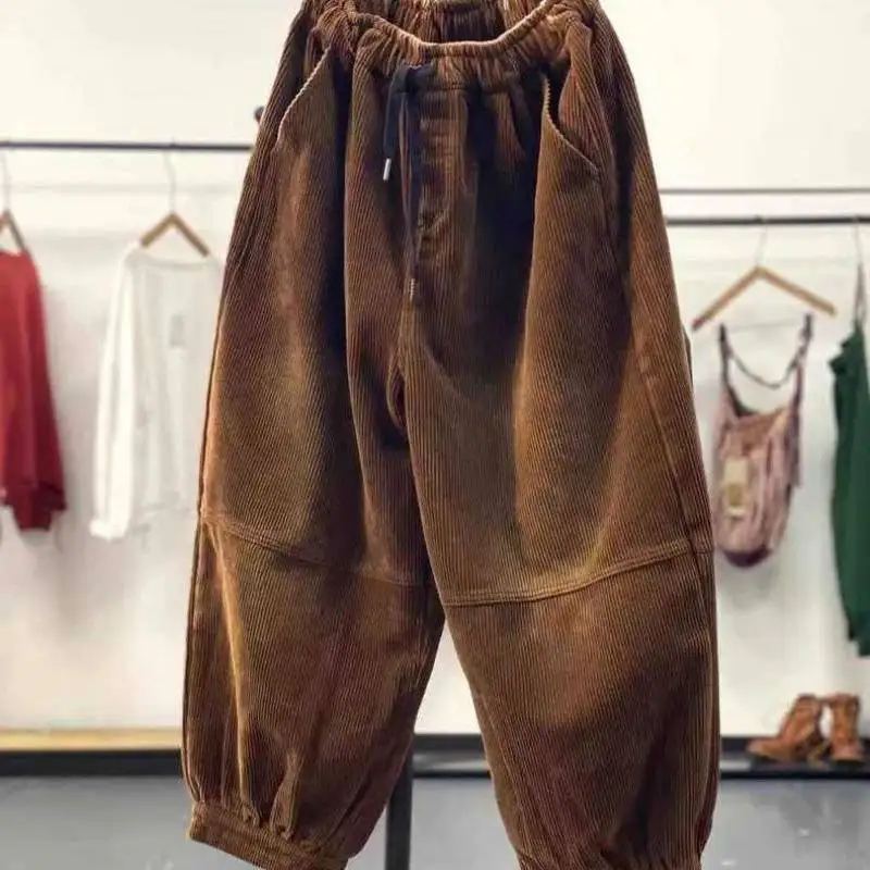 Autumn Winter Casual Corduroy Harem Pants Women High Waist Retro Loose Bloomers Female Oversize Mom Trousers Baggy Sweatpants