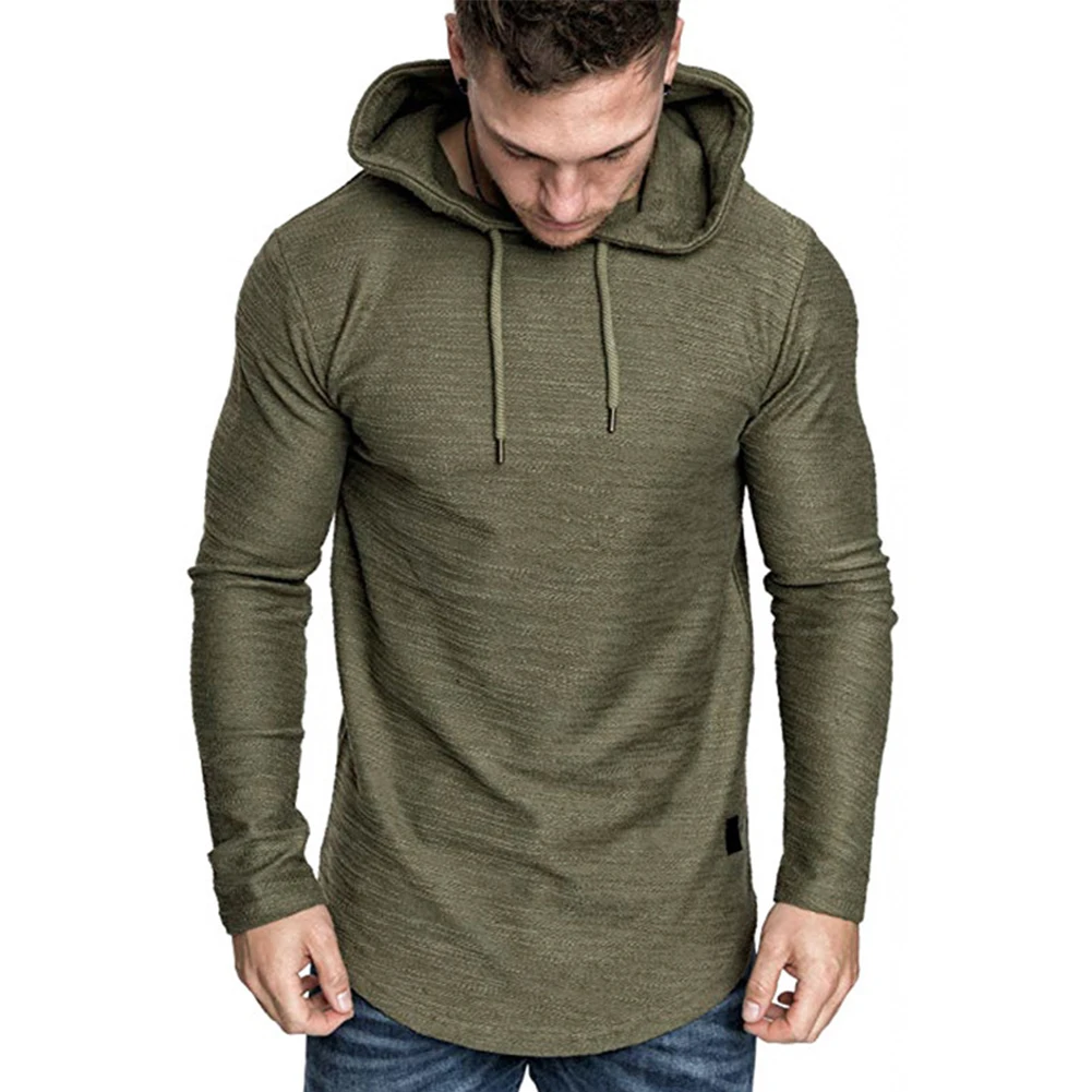 Hooded Muscle Shirt  Men\\\'s Slim Fit Long Sleeve T Shirt  Casual Gym Sports Top  Solid Color  Polyester Material