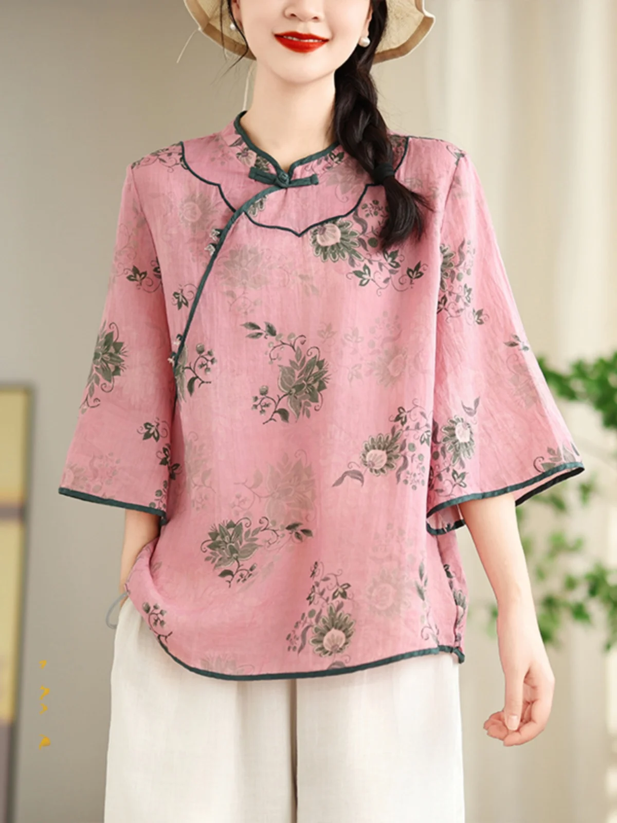 

Retro Embroidered ort Sve irt Women's Chinese Sle Print Faionable Loose Slimming Top Artistic Commute Summer Blouse