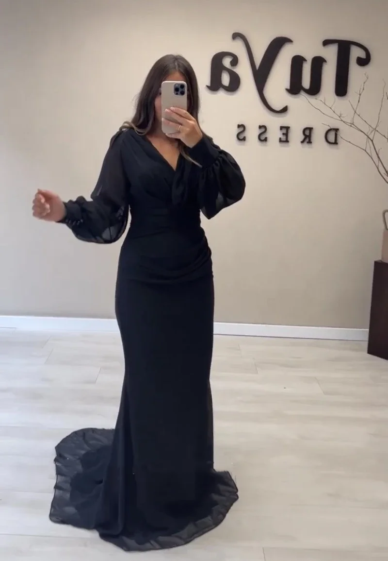 

2023 Elegant Dubai Arab Black Mermaid Evening Dresses V-Neck Long Sleeves Prom Gowns Party Dresses for Women فساتين السهرة